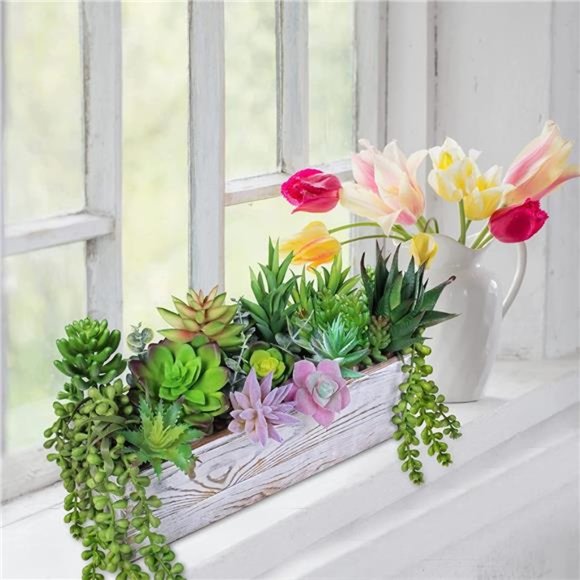 19 Pcs Assorted Artificial Succulents Fake Plants in Rectangular Wooden Pot - Picture 3 of 7
